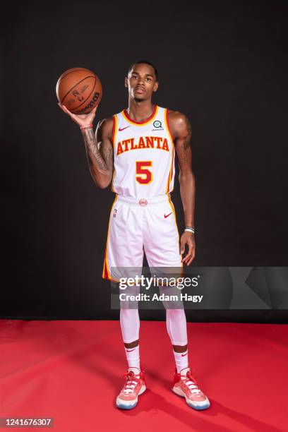 Dejounte Murray poses for a portrait after the introductory draft press conference on July 1, 2022 at State Farm Arena in Atlanta, Georgia. NOTE TO...