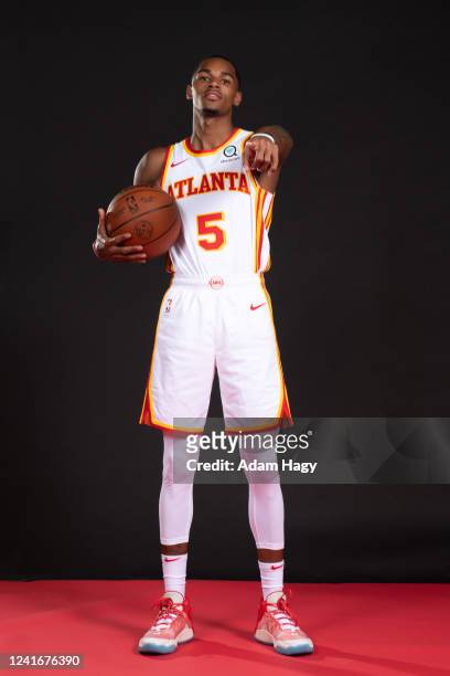 Dejounte Murray poses for a portrait after the introductory draft press conference on July 1, 2022 at State Farm Arena in Atlanta, Georgia. NOTE TO...