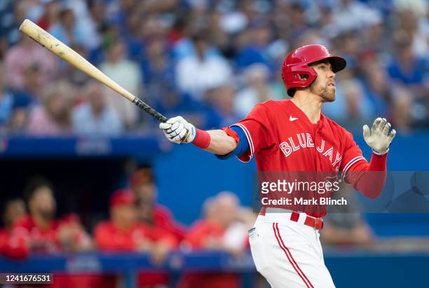 Bradley Zimmer of the Toronto Blue Jays hits a home run against the Tampa Bay Rays in the seventh inning during game two of a doubleheader at the...