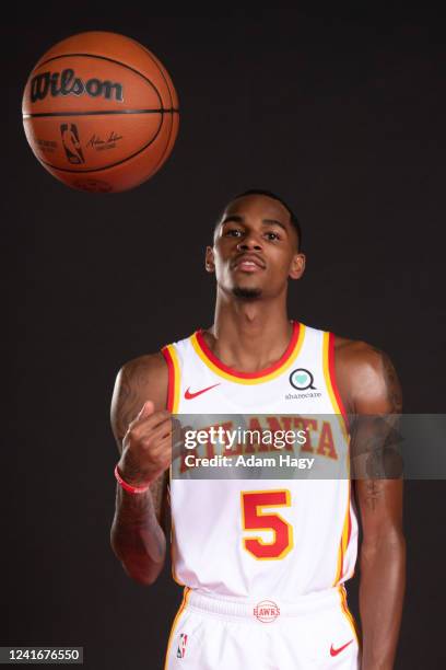 Dejounte Murray poses for a portrait after the introductory draft press conference on July 1, 2022 at State Farm Arena in Atlanta, Georgia. NOTE TO...