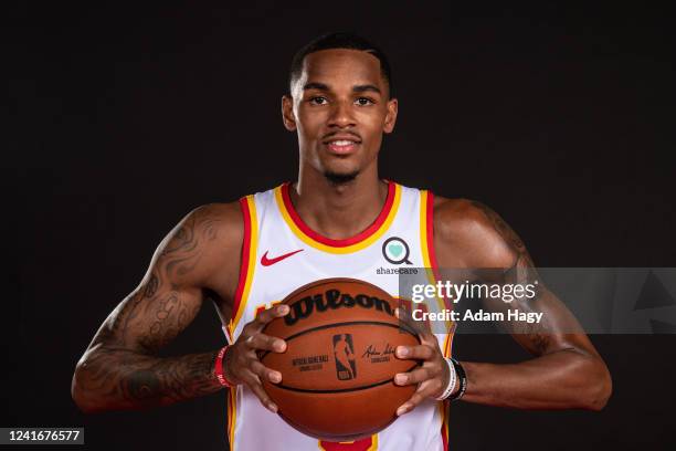 Dejounte Murray poses for a portrait after the introductory draft press conference on July 1, 2022 at State Farm Arena in Atlanta, Georgia. NOTE TO...