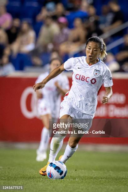 Yuki Nagasato of Chicago Red Stars takes the ball down the pitch in the second half of the NWSL match against NJ/NY Gotham FC at Red Bull Arena on...