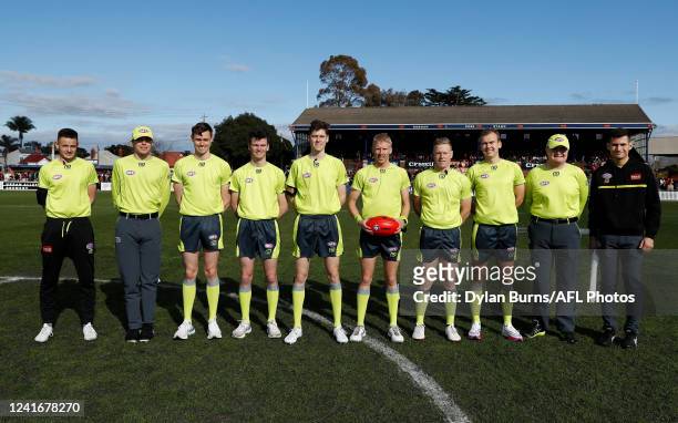 The umpires pose for a photo during the 2022 VFLW Grand Final match between Essendon and the Southern Saints at ETU Stadium on July 03, 2022 in...