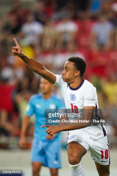 Aaron Ramsey of England celebrates after scoring their sides third goal during the UEFA European Under-19 Championship 2022 Final match between...