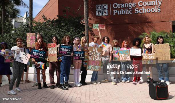 Students hold a rally outside a Orange County School Board meeting on May 24 in Orlando, Florida, as a student group based at Winter Park High and a...