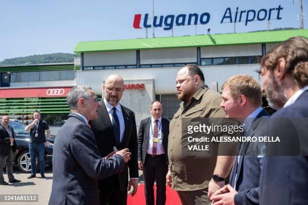 President of the Swiss Confederation Ignazio Cassis and Mayor of Lugano Michele Foletti welcome Prime Minister of Ukraine Denys Shmyhal and speaker...