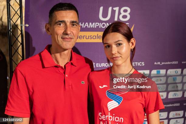 Angelina Topic of Serbia and her father, Dragutin Topic of Serbia pose during the press conference ahead of the Athletics European Championship U18...
