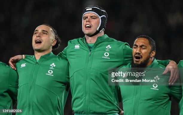 Auckland , New Zealand - 2 July 2022; Ireland players, from left, James Lowe, James Ryan and Bundee Aki during the national anthems before the...