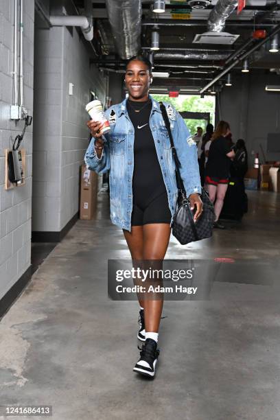 Jantel Lavender of the Seattle Storm arrives to the arena before the game against the Atlanta Dream on July 3, 2022 at Gateway Center Arena in...