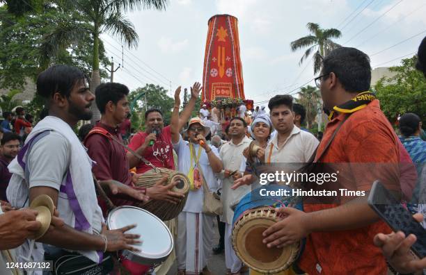 Devotees participate in Jagannath Rath Yatra, on July 3, 2022 in Panchkula, India. The 145th Rath Yatra of Lord Jagannath commenced on Friday, July...