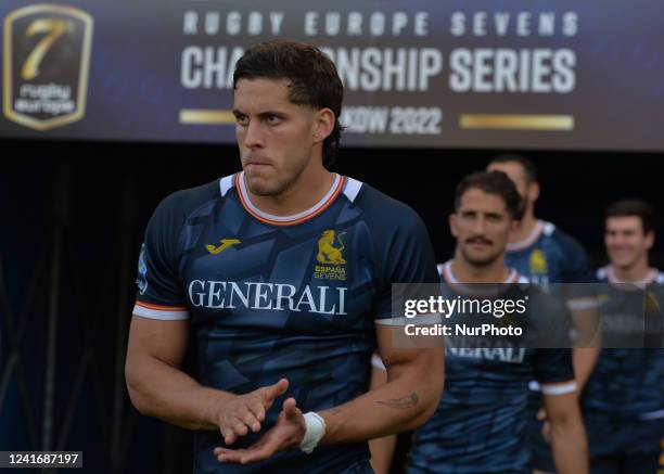 Members of Spain's national rugby sevens team after wimming the Men's 7s Final of The 2022 Rugby Europe Sevens Championship Series in Krakow. On...