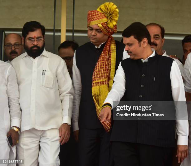 Eknath Shinde and DY CM Devendra Fadnavis along with newly elected Speaker Rahul Narvekar, during the 2 days special assembly session held at Vidhan...