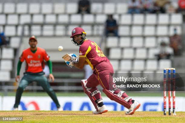 Nicholas Pooran, of West Indies, keeps their eyes on the ball during the second T20I between West Indies and Bangladesh at Windsor Park in Roseau,...