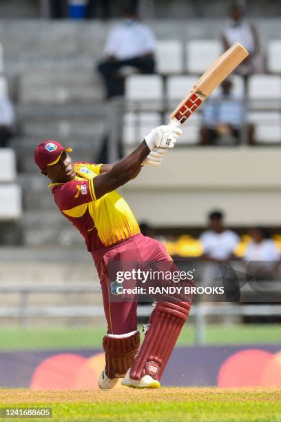 Rovman Powell, of West Indies, hits 6 during the second T20I between West Indies and Bangladesh at Windsor Park in Roseau, Dominica, on July 03, 2022.