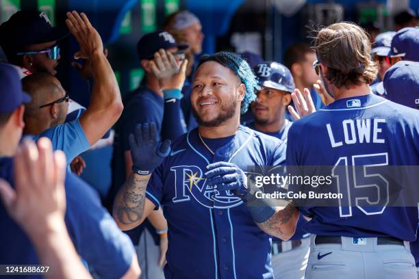 Harold Ramirez of the Tampa Bay Rays celebrates his two-run home run in the fifth inning of their MLB game against the Toronto Blue Jays at Rogers...