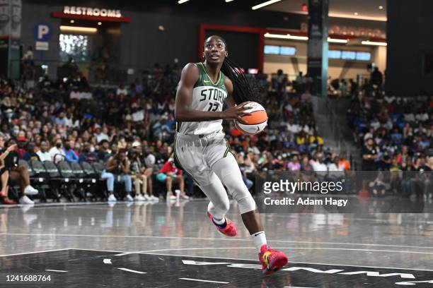 Ezi Magbegor of the Seattle Storm drives to the basket during the game against the Atlanta Dream on July 3, 2022 at Gateway Center Arena in College...