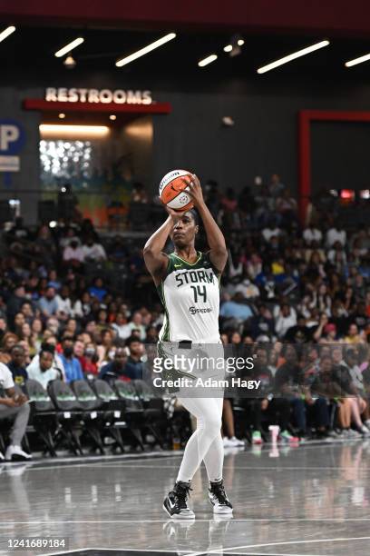 Jantel Lavender of the Seattle Storm shoots a three point basket during the game against the Atlanta Dream on July 3, 2022 at Gateway Center Arena in...