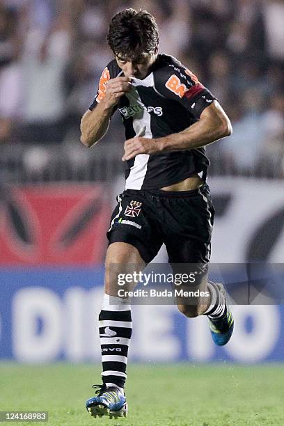 Juninho of Vasco celebrates a scored goal against Coritiba during a match as part of Serie A 2011 at Sao Januario stadium on September 08, 2011 in...