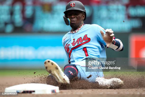 Nick Gordon of the Minnesota Twins advances to third base on a fly out by Gary Sanchez against the Baltimore Orioles in the fifth inning of the game...