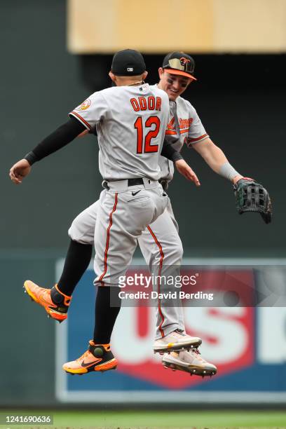 Rougned Odor and Austin Hays of the Baltimore Orioles celebrate a 3-1 victory against the Minnesota Twins at Target Field on July 3, 2022 in...