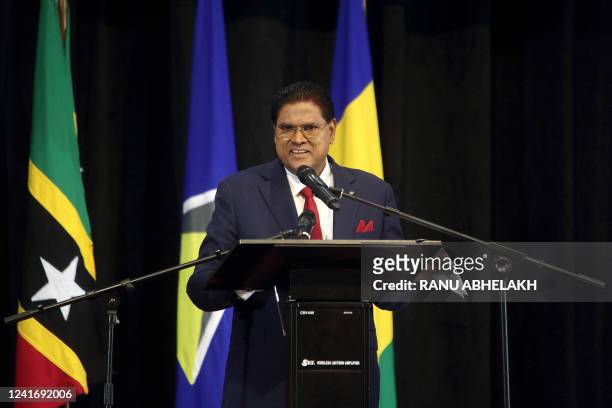 Suriname president and Caribbean Community Chairman Chan Santokhi addresses the 43rd Heads of Government Meeting of Caricom at Assuria High Rise in...