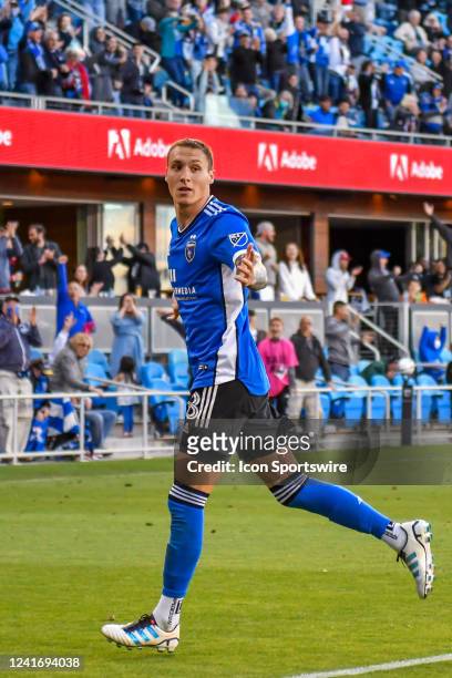 San Jose Earthquakes forward Benji Kikanovic runs to the corner after scoring his first goal during the match between the Chicago Fire and the San...