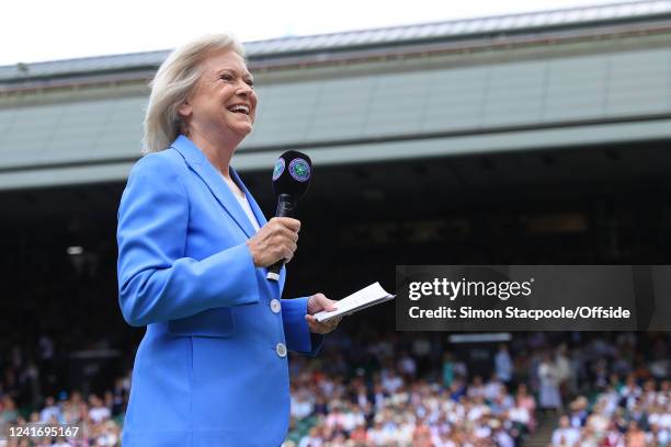 Television presenter Sue Barker laughs and smiles during day seven of The Championships Wimbledon 2022 at All England Lawn Tennis and Croquet Club on...