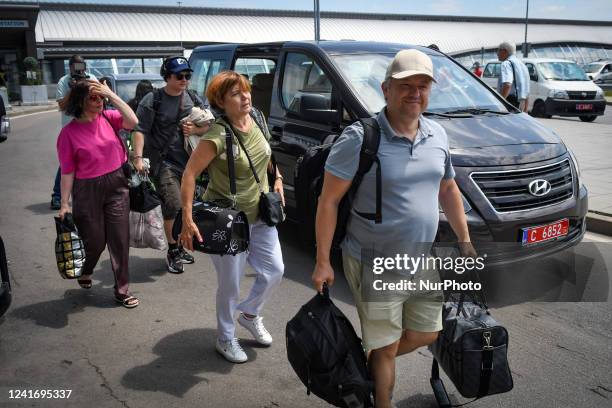 Employees of the Russian Embassy and their families during their departure at Sofia Airport, on July 03, 2022. Two Russian government planes boarded...
