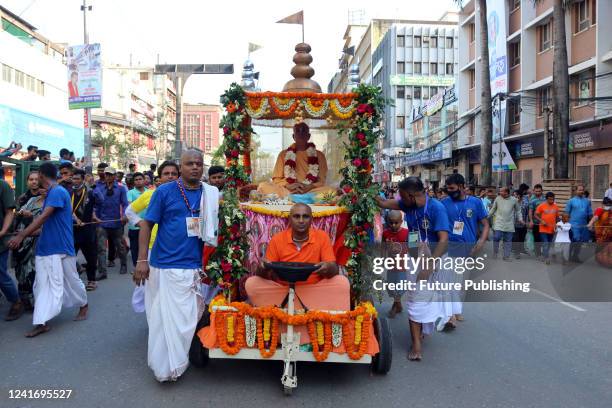 Large crowds of the Bangladeshi Hindu community are seen taking part during a religious procession to celebrate Rath Yatra , on July 1, 2022 in...