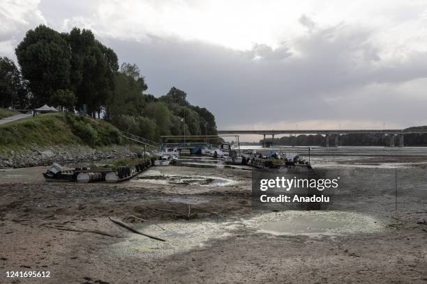 The pier of the "Nautica Sermide" stranded on the dry bed of the Po river in the city of Sermide, in the province of Mantua, Italy on June 28, 2022.