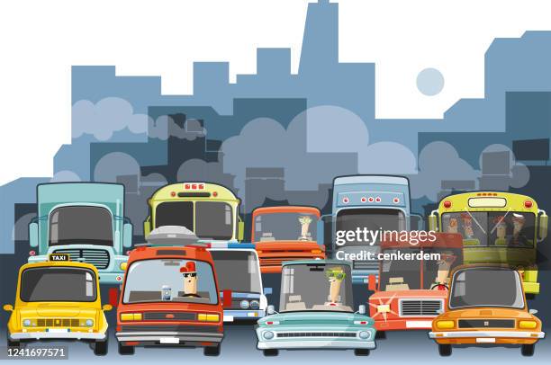 big city traffic - traffic jam lots of trucks stock illustrations