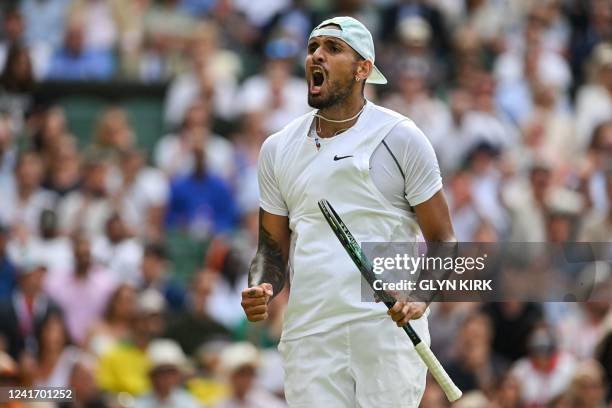 Australia's Nick Kyrgios celebrates winning a point against US Brandon Nakashima during their round of 16 men's singles tennis match on the eighth...