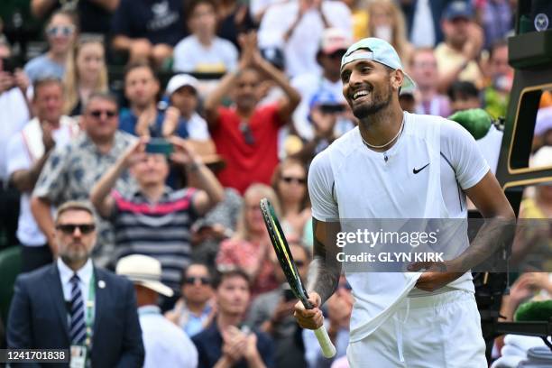 Australia's Nick Kyrgios celebrates winning against US Brandon Nakashima at the end of their round of 16 men's singles tennis match on the eighth day...