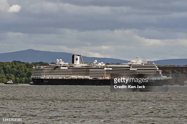 The Holland America Line cruise ship Nieuw Statendam at anchor near the Forth Bridge, on July 4 in South Queensferry, Scotland.