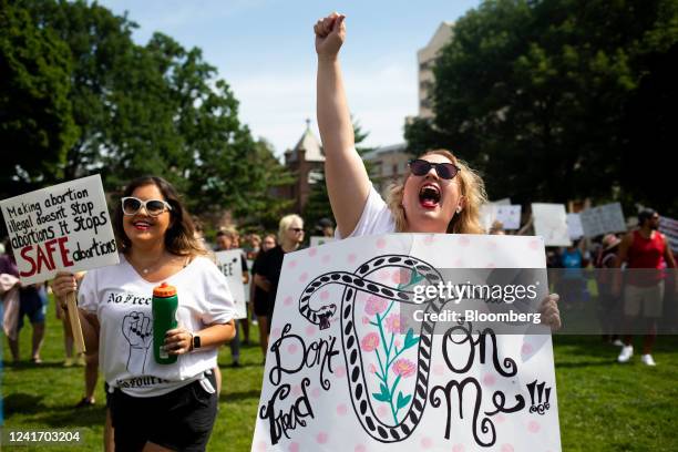 Abortion rights demonstrators during a national day of protest in Lansing, Michigan, US, on Monday, July 4, 2022. Since the US Supreme Court struck...