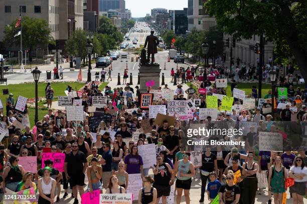 Abortion rights demonstrators during a national day of protest in Lansing, Michigan, US, on Monday, July 4, 2022. Since the US Supreme Court struck...