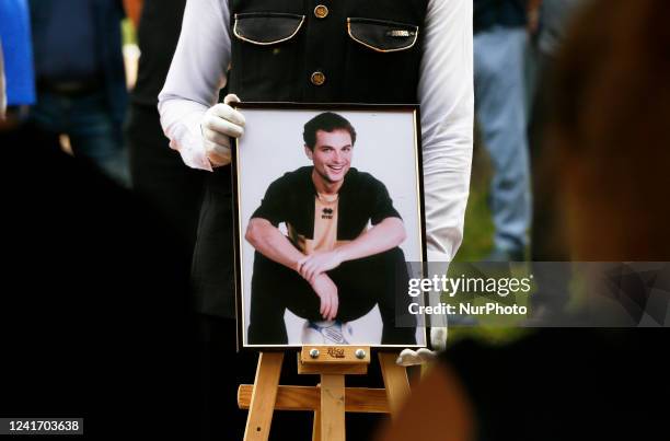 Portrait of the late Ukrainian soccer coach Oleksandr Shyshkov who died during a rocket attack in Odesa region is seen during his funeral at the...