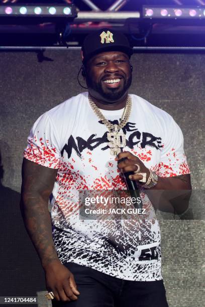 Rapper Curtis James Jackson III "50 Cent" performs live on stage during a concert at the Menora Mivtachim Arena in Israel's Mediterranean coastal...