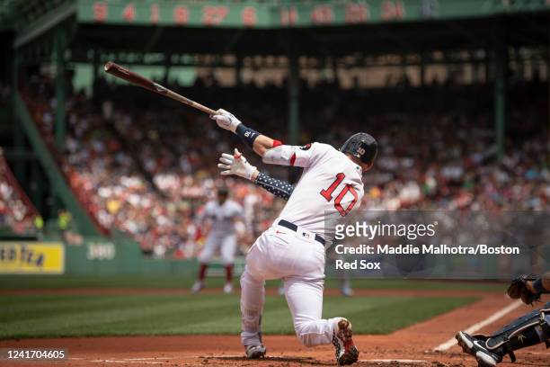 Trevor Story of the Boston Red Sox hits a single during the second inning of a game against the Tampa Bay Rays on July 4, 2022 at Fenway Park in...