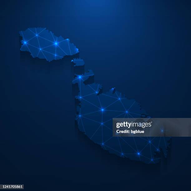 malta map network - bright mesh on dark blue background - malta stock illustrations