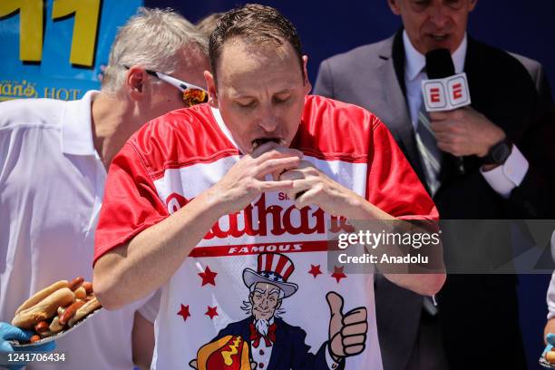 Joey Chestnut won first place eating 63 hot dogs in 10 minutes during the men 2022 Nathan's Famous International Hot Dog Eating Contest in Coney...