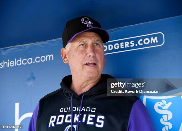 Manager Bud Black of the Colorado Rockies talks with reporters before the start of the game against Los Angeles Dodgers at Dodger Stadium on July 4,...