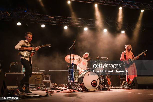 Alexander Buckley Meek, James Krivchenia and Max Oleartchik of Big Thief perform live on stage during a concert at the Huxleys on July 4, 2022 in...