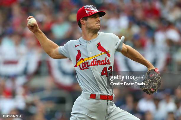 Dakota Hudson of the St. Louis Cardinals pitches against the Atlanta Braves in the first inning at Truist Park on July 4, 2022 in Atlanta, Georgia.