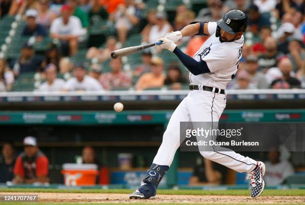 Riley Greene of the Detroit Tigers singles to drive in a run against the Cleveland Guardians in the third inning of game two of a doubleheader at...