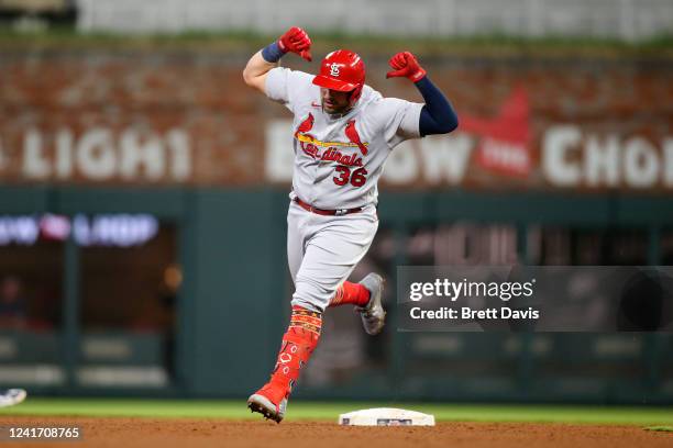 Juan Yepez of the St. Louis Cardinals celebrates his home run against the Atlanta Braves in the sixth inning at Truist Park on July 4, 2022 in...