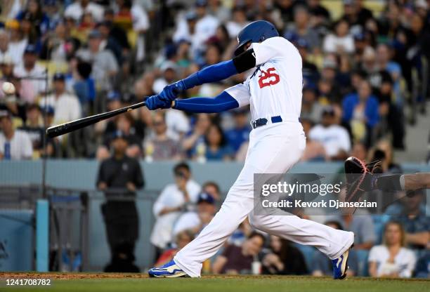 Trayce Thompson of the Los Angeles Dodgers hits a three-run home run against starting pitcher Kyle Freeland of the Colorado Rockies during the fifth...