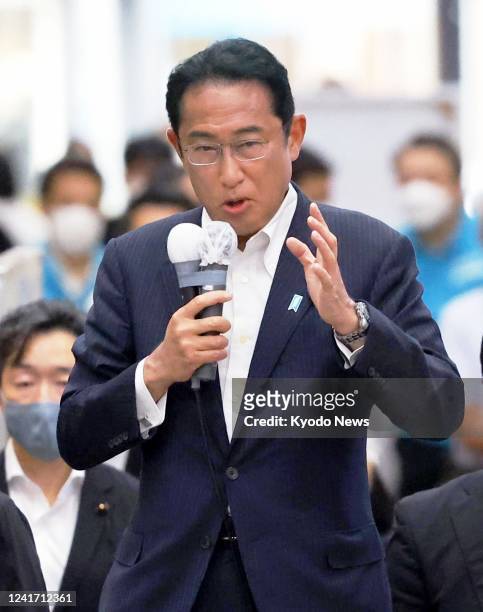Japanese Prime Minister Fumio Kishida makes a speech in Nagasaki, southwestern Japan, on July 5 for the House of Councillors election on July 10.
