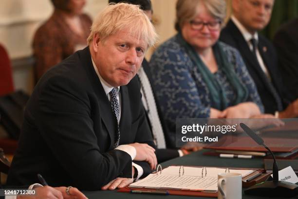 British Prime Minister Boris Johnson speaks at the start of the weekly Cabinet meeting at Downing Street on July 5, 2022 in London, England.