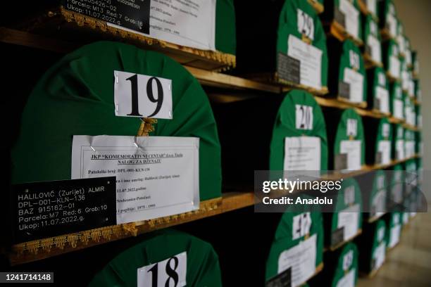 Coffins are seen at the SrebrenicaâPotocari Memorial, ahead of the burial of recently identified remains of 50 victims of Srebrenica Genocide in...